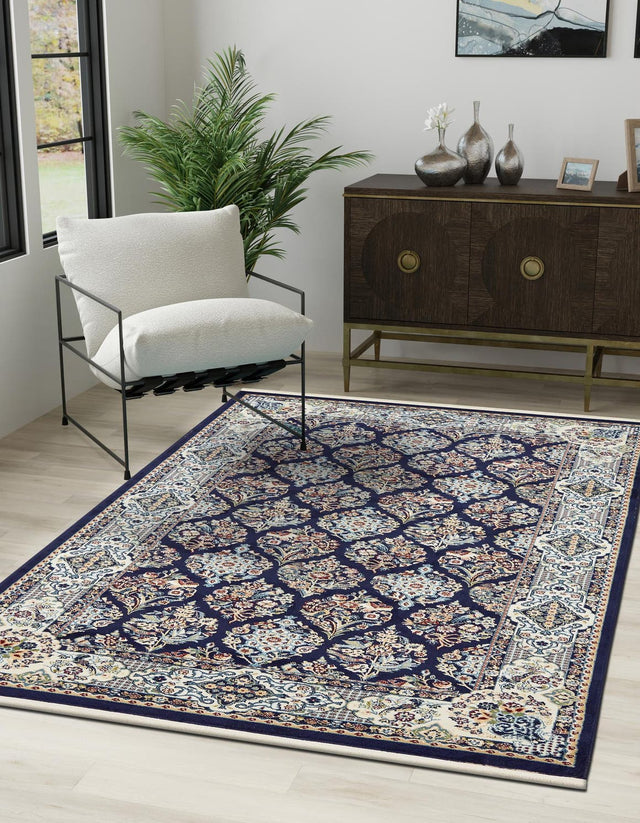 Navy Blue 7' 10 x 10' Narenj Rectangle Area Rug 85% Polypropylene & 15% Polyester Traditional Classic Carpet for Living, Dining, Bedrooms, Office for Sale at Rug Engine