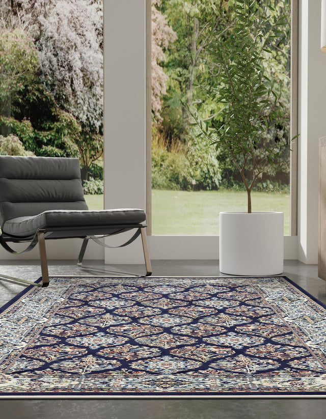 Navy Blue 7' 10 x 10' Narenj Rectangle Area Rug 85% Polypropylene & 15% Polyester Traditional Classic Carpet for Living, Dining, Bedrooms, Office for Sale at Rug Engine