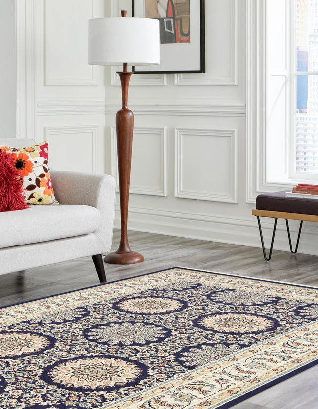 Navy Blue 8' x 10' Narenj Rectangle Area Rug 85% Polypropylene & 15% Polyester Traditional Classic Carpet for Living, Dining, Bedrooms, Office for Sale at Rug Engine
