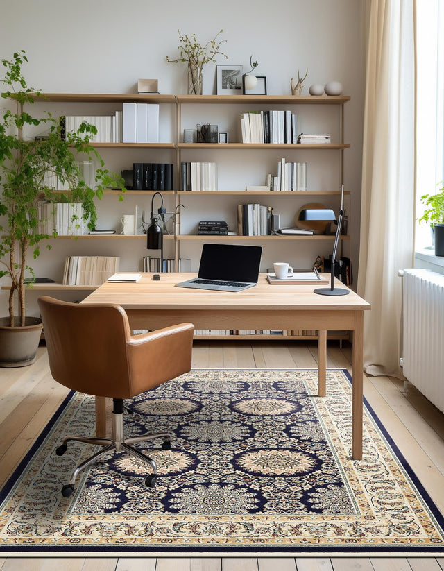 Navy Blue 8' x 10' Narenj Rectangle Area Rug 85% Polypropylene & 15% Polyester Traditional Classic Carpet for Living, Dining, Bedrooms, Office for Sale at Rug Engine