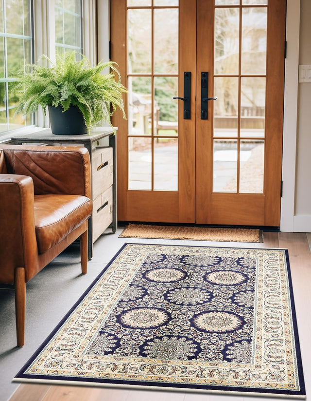 Navy Blue 5' 1 x 8' Narenj Rectangle Area Rug 85% Polypropylene & 15% Polyester Traditional Classic Carpet for Living, Dining, Bedrooms, Office for Sale at Rug Engine