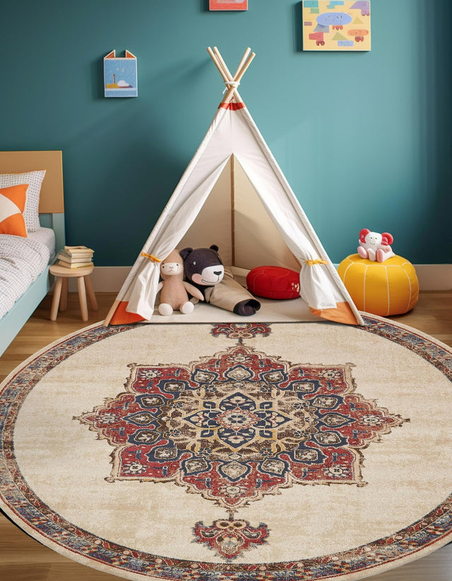 Cream 4' x 4' Utopia Round Area Rug Traditional Vintage Persian Inspired Vivid Color Durable Carpet for Unique Interiors for Sale at Rug Engine
