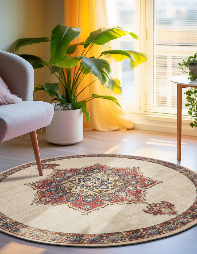 Cream 4' x 4' Utopia Round Area Rug Traditional Vintage Persian Inspired Vivid Color Durable Carpet for Unique Interiors for Sale at Rug Engine