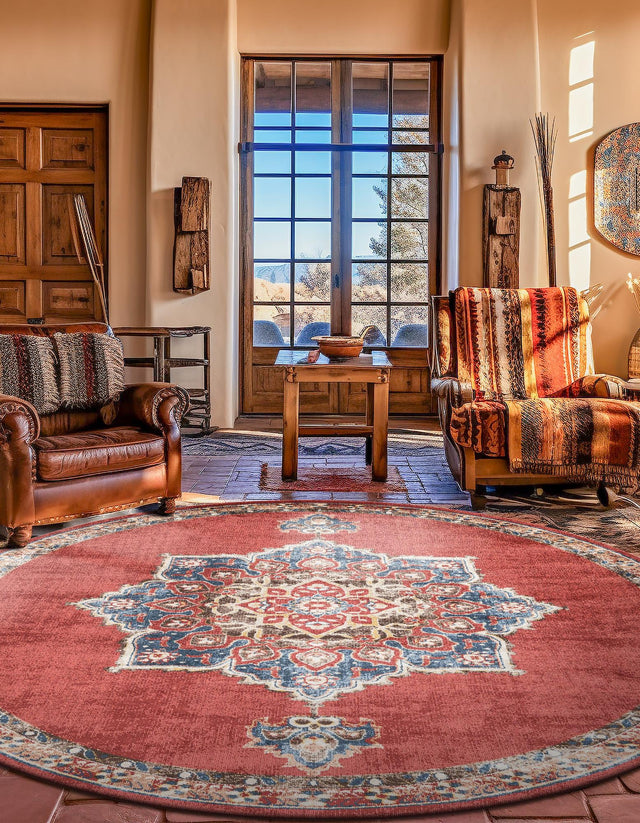 Burgundy 7' x 7' Utopia Round Area Rug Traditional Vintage Persian Inspired Vivid Color Durable Carpet for Unique Interiors for Sale at Rug Engine