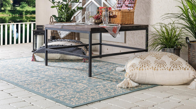 Light Blue 8' x 11' 4 Outdoor Botanical Rectangle Area Rug Weather Resistant for Patio, Deck, Terrace, Balcony, Porch Polypropylene Garden Floral Tropical Carpet for Sale at Rug Engine