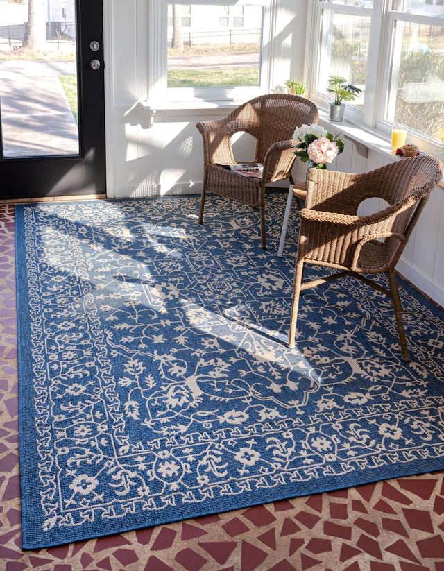 Blue 7' 1 x 10' Outdoor Botanical Rectangle Area Rug Weather Resistant for Patio, Deck, Terrace, Balcony, Porch Polypropylene Garden Floral Tropical Carpet for Sale at Rug Engine