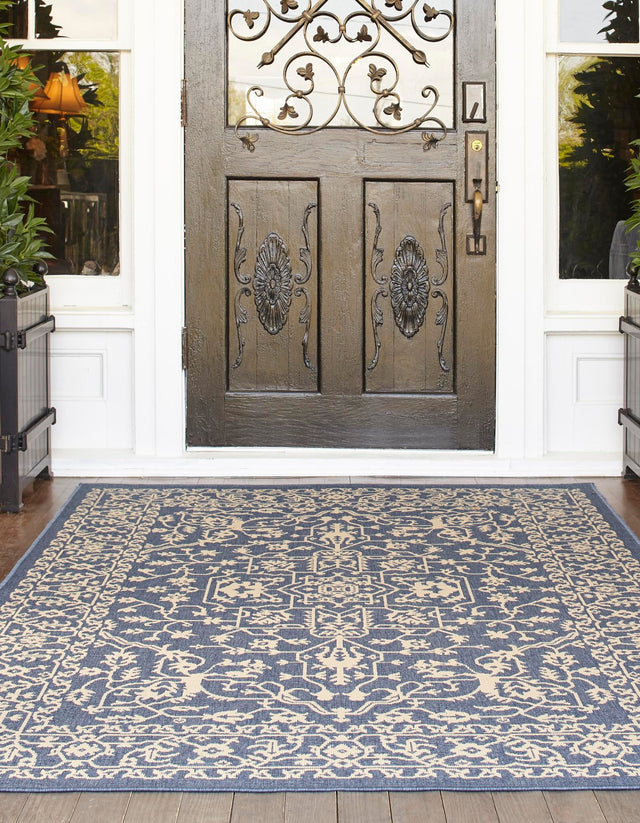 Blue 7' 1 x 10' Outdoor Botanical Rectangle Area Rug Weather Resistant for Patio, Deck, Terrace, Balcony, Porch Polypropylene Garden Floral Tropical Carpet for Sale at Rug Engine