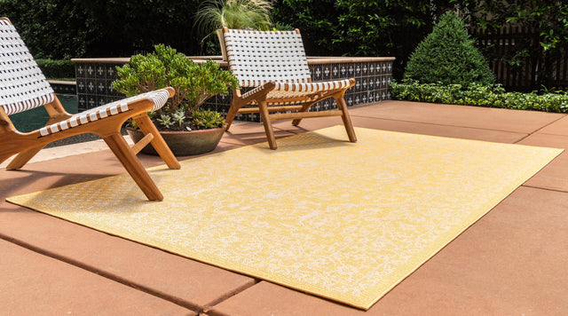 Yellow 7' x 10' Outdoor Botanical Rectangle Area Rug Weather Resistant for Patio, Deck, Terrace, Balcony, Porch Polypropylene Garden Floral Tropical Carpet for Sale at Rug Engine