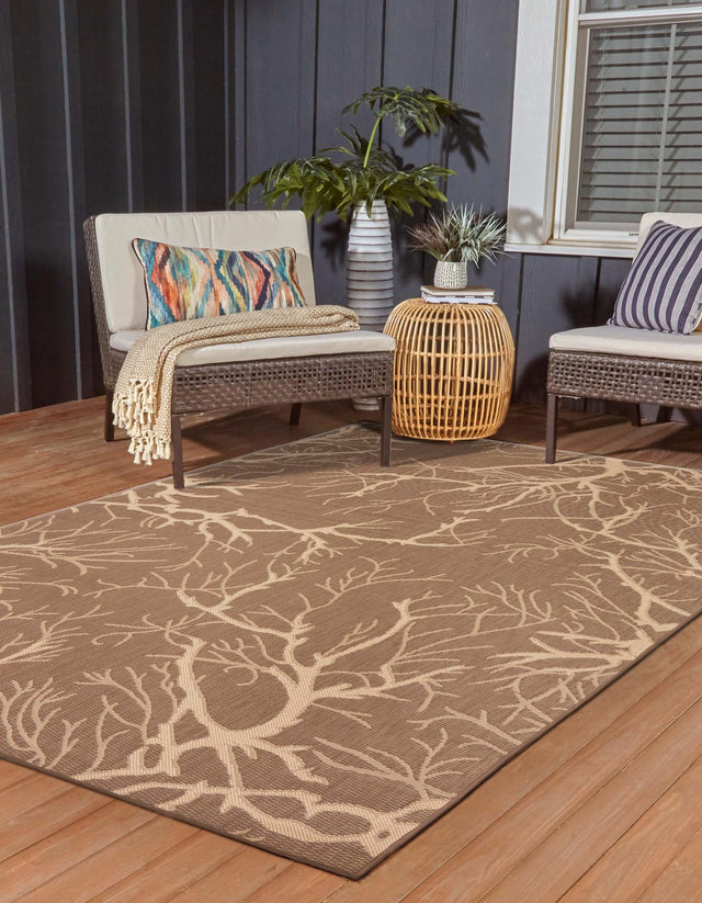 Brown 7' 1 x 10' Outdoor Botanical Rectangle Area Rug Weather Resistant for Patio, Deck, Terrace, Balcony, Porch