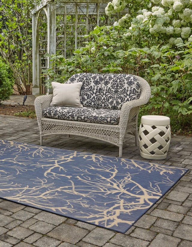 Blue 9' x 12' Outdoor Botanical Rectangle Area Rug Weather Resistant for Patio, Deck, Terrace, Balcony, Porch Polypropylene Garden Floral Tropical Carpet for Sale at Rug Engine