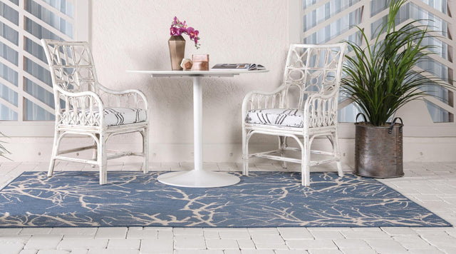Blue 4' 1 x 6' 1 Outdoor Botanical Rectangle Area Rug Weather Resistant for Patio, Deck, Terrace, Balcony, Porch Polypropylene Garden Floral Tropical Carpet for Sale at Rug Engine