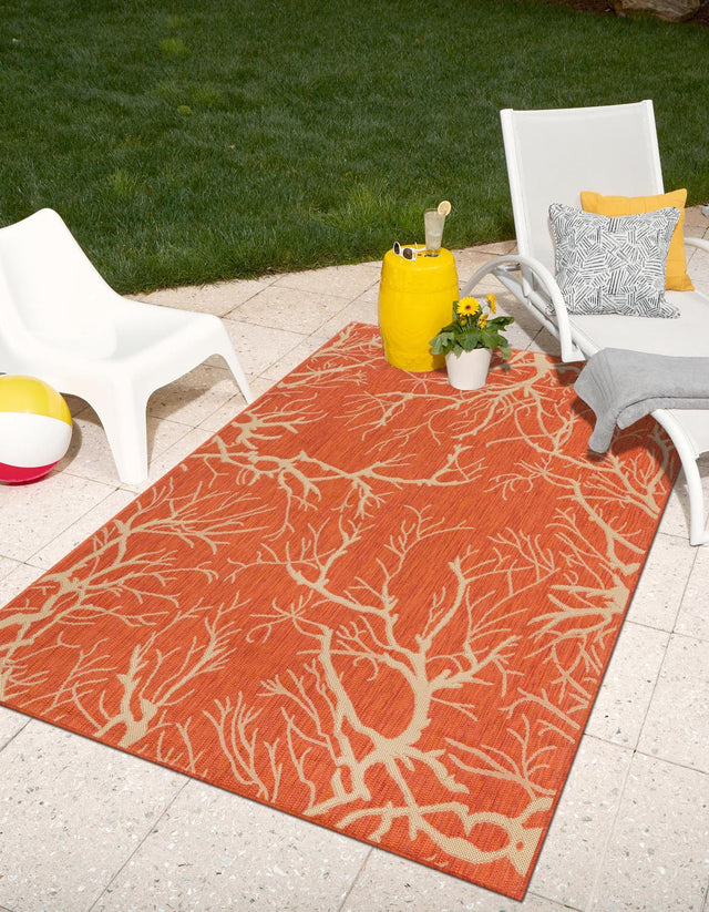 Terracotta 6' 1 x 9' Outdoor Botanical Rectangle Area Rug Weather Resistant for Patio, Deck, Terrace, Balcony, Porch Polypropylene Garden Floral Tropical Carpet for Sale at Rug Engine
