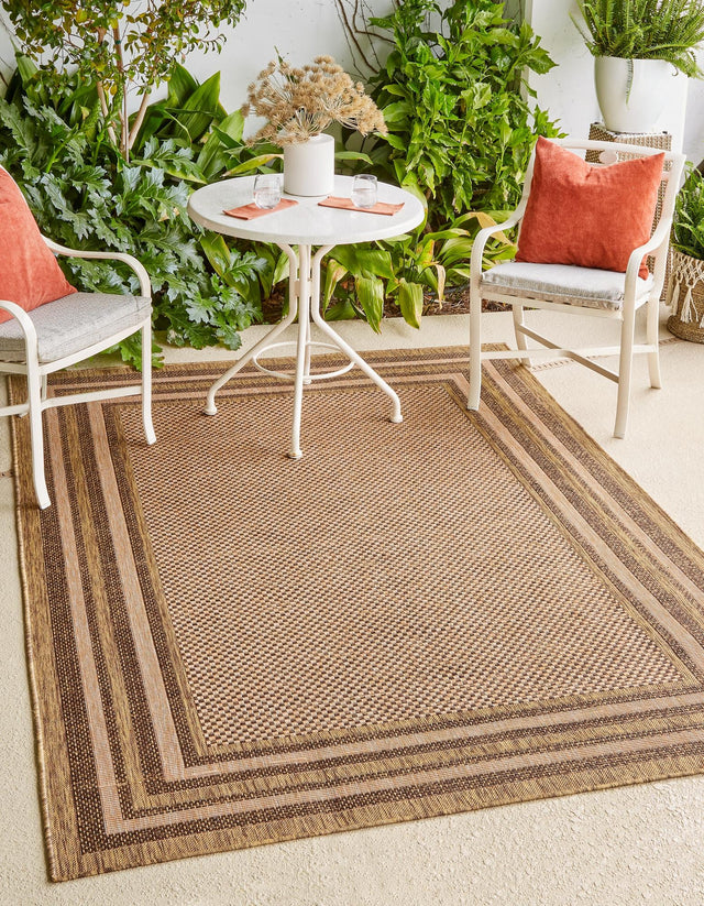 Light Brown 7' x 10' Outdoor Border Rectangle Area Rug Weather Resistant for Patio, Deck, Terrace, Balcony, Porch 100% Polypropylene Classic Bordered Carpet for Sale at Rug Engine