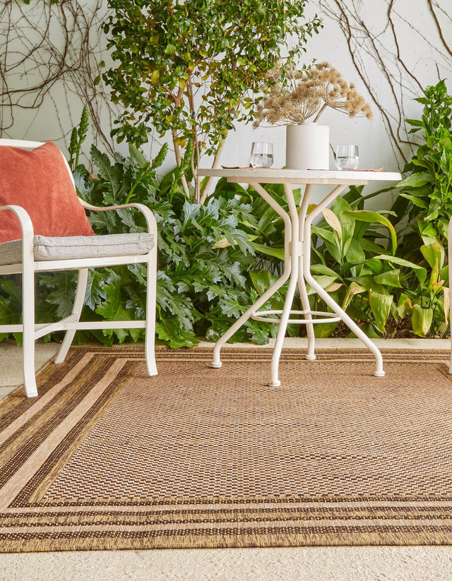 Light Brown 8' x 11' 4 Outdoor Border Rectangle Area Rug Weather Resistant for Patio, Deck, Terrace, Balcony, Porch 100% Polypropylene Classic Bordered Carpet for Sale at Rug Engine