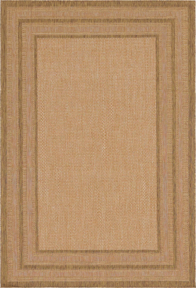 Tan 6' 1 x 9' Outdoor Border Rectangle Area Rug Weather Resistant for Patio, Deck, Terrace, Balcony, Porch 100% Polypropylene Classic Bordered Carpet for Sale at Rug Engine