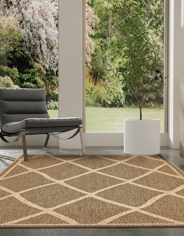 Brown 7' 1 x 10' Outdoor Trellis Rectangle Area Rug Weather Resistant for Patio, Deck, Terrace, Balcony, Porch Geometric Design Water Safe Outside Carpet for Sale at Rug Engine