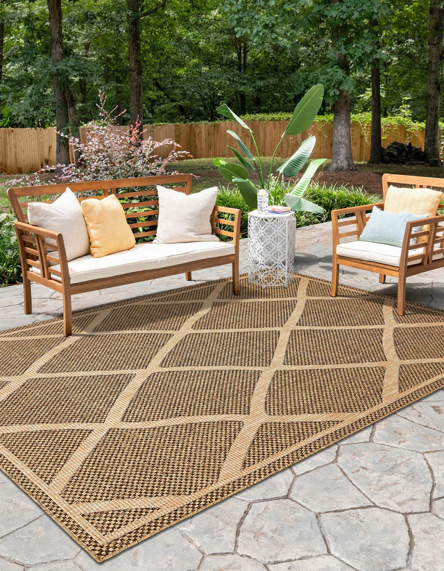 Brown 9' x 12' Outdoor Trellis Rectangle Area Rug Weather Resistant for Patio, Deck, Terrace, Balcony, Porch Geometric Design Water Safe Outside Carpet for Sale at Rug Engine
