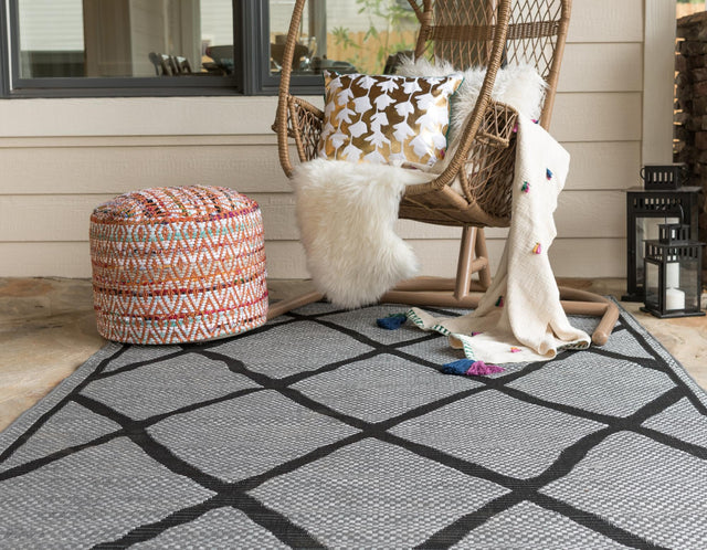 Gray 9' x 12' Outdoor Trellis Rectangle Area Rug Weather Resistant for Patio, Deck, Terrace, Balcony, Porch Geometric Design Water Safe Outside Carpet for Sale at Rug Engine