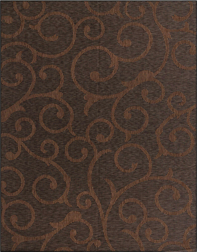 Chocolate Brown 9' x 12' 2 Outdoor Botanical Rectangle Area Rug Weather Resistant for Patio, Deck, Terrace, Balcony, Porch Polypropylene Garden Floral Tropical Carpet for Sale at Rug Engine