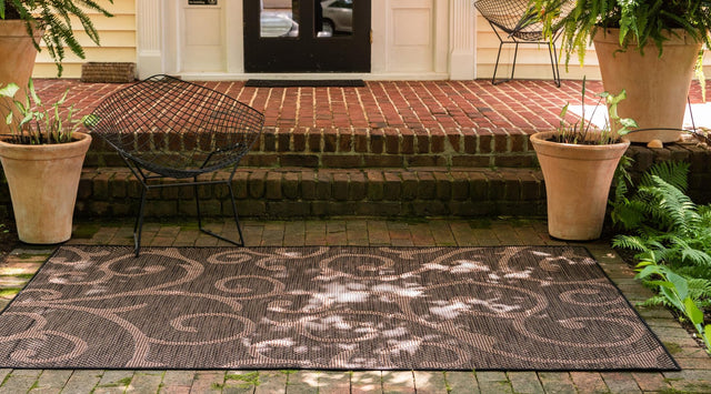 Chocolate Brown 4' 1 x 6' 1 Outdoor Botanical Rectangle Area Rug Weather Resistant for Patio, Deck, Terrace, Balcony, Porch Polypropylene Garden Floral Tropical Carpet for Sale at Rug Engine