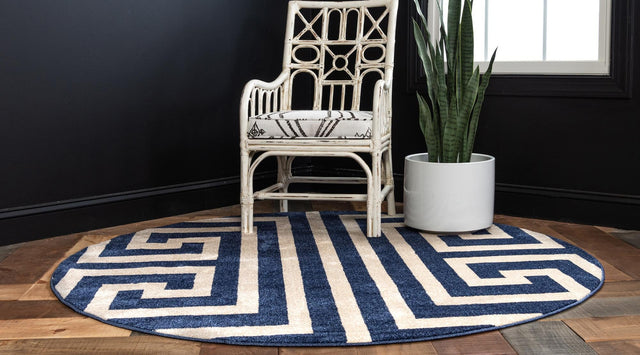 Navy Blue 6' 1 x 6' 1 Athens Round Area Rug 100% Polypropylene With Cotton Backing Easy Clean Indoor Living Dining Room Bedroom Office Carpet for Sale at Rug Engine