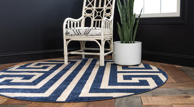 Navy Blue 7' 10 x 7' 10 Athens Round Area Rug 100% Polypropylene With Cotton Backing Easy Clean Indoor Living Dining Room Bedroom Office Carpet for Sale at Rug Engine