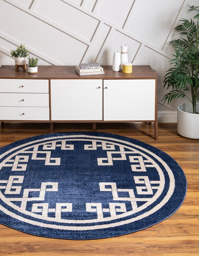 Dark Blue 7' 10 x 7' 10 Athens Round Area Rug 100% Polypropylene With Cotton Backing Easy Clean Indoor Living Dining Room Bedroom Office Carpet for Sale at Rug Engine