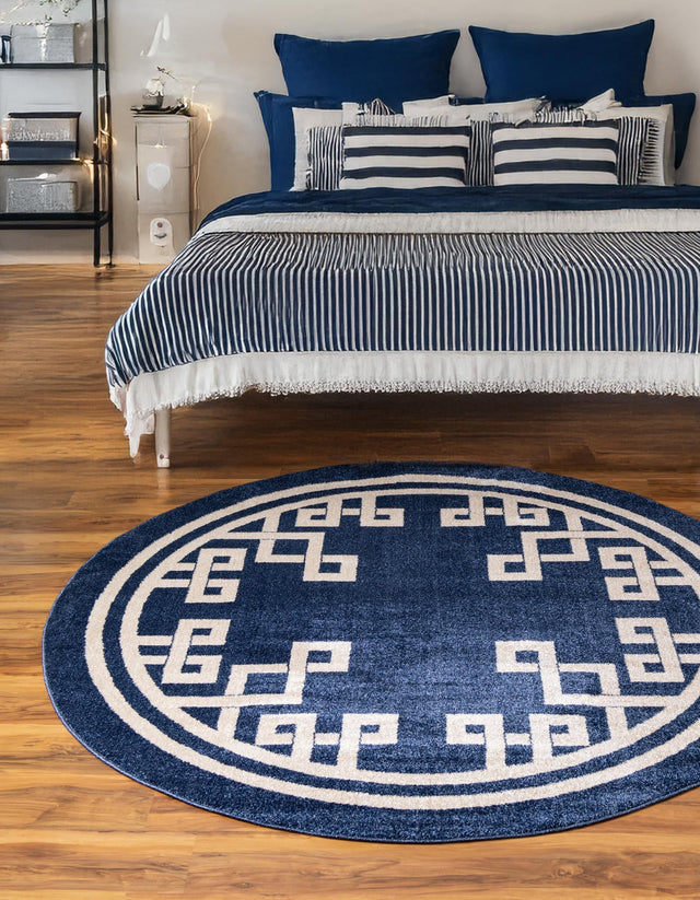 Dark Blue 7' 10 x 7' 10 Athens Round Area Rug 100% Polypropylene With Cotton Backing Easy Clean Indoor Living Dining Room Bedroom Office Carpet for Sale at Rug Engine