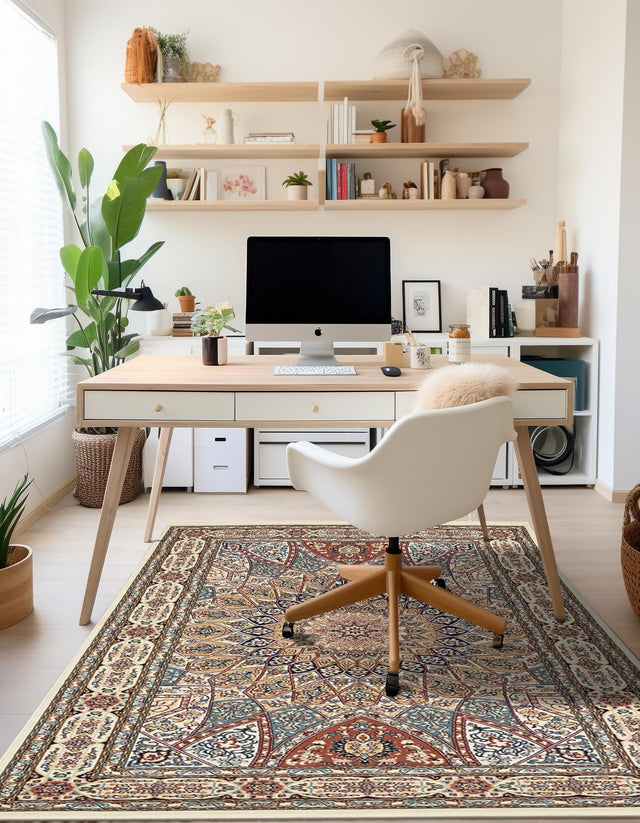 Ivory 5' 3 x 8' Narenj Rectangle Area Rug 85% Polypropylene & 15% Polyester Traditional Classic Carpet for Living, Dining, Bedrooms, Office for Sale at Rug Engine