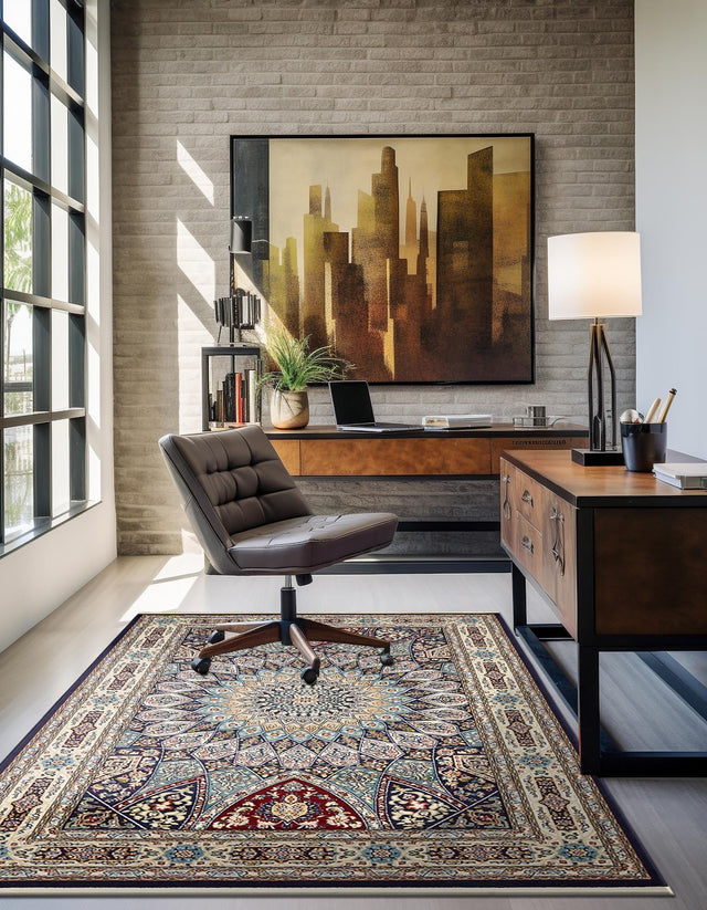Navy Blue 7' 10 x 11' Narenj Rectangle Area Rug 85% Polypropylene & 15% Polyester Traditional Classic Carpet for Living, Dining, Bedrooms, Office for Sale at Rug Engine