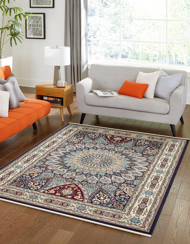 Navy Blue 9' x 12' Narenj Rectangle Area Rug 85% Polypropylene & 15% Polyester Traditional Classic Carpet for Living, Dining, Bedrooms, Office for Sale at Rug Engine