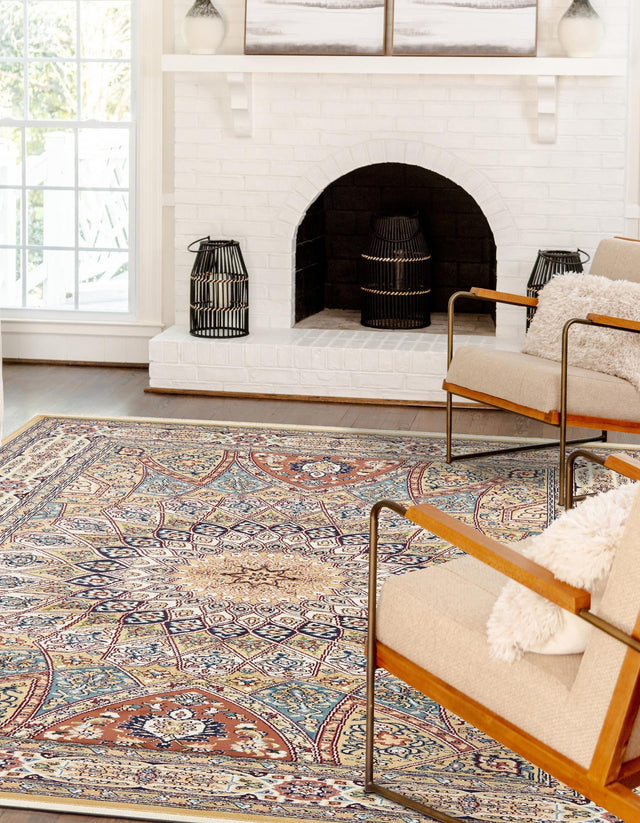 Beige 7' 10 x 10' Narenj Rectangle Area Rug 85% Polypropylene & 15% Polyester Traditional Classic Carpet for Living, Dining, Bedrooms, Office for Sale at Rug Engine
