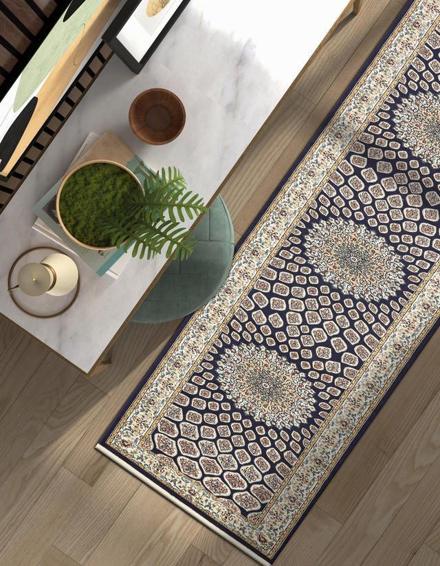 Navy Blue 2' 11 x 13' 1 Narenj Runner Area Rug 85% Polypropylene & 15% Polyester Traditional Classic Carpet for Living, Dining, Bedrooms, Office for Sale at Rug Engine