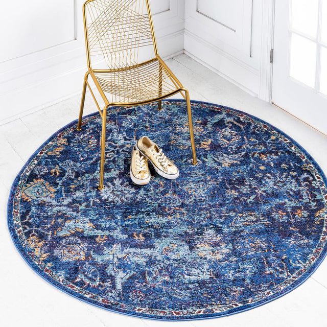 Navy Blue 8' x 8' Augustus Round Area Rug 70% Polypropylene & 30% Polyester With Cotton Backing Easy Clean Home Decor Carpet for Sale at Rug Engine