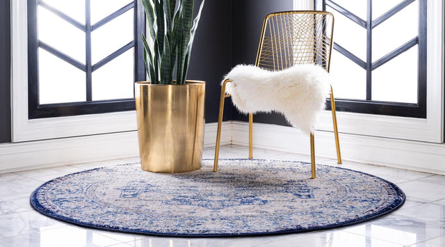 Blue 8' x 8' Augustus Round Area Rug 70% Polypropylene & 30% Polyester With Cotton Backing Easy Clean Home Decor Carpet for Sale at Rug Engine