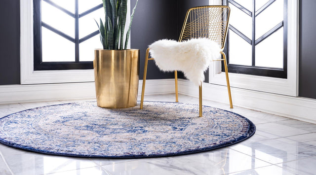 Blue 5' x 5' Augustus Round Area Rug 70% Polypropylene & 30% Polyester With Cotton Backing Easy Clean Home Decor Carpet for Sale at Rug Engine