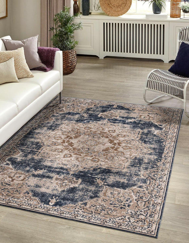 Dark Blue 5' 3 x 8' Chateau Rectangle Area Rug 85% Polypropylene & 15% Chenille With Cotton Backing Traditional Vintage Distressed Carpet for Classical Interior Design Decorating for Sale at Rug Engine