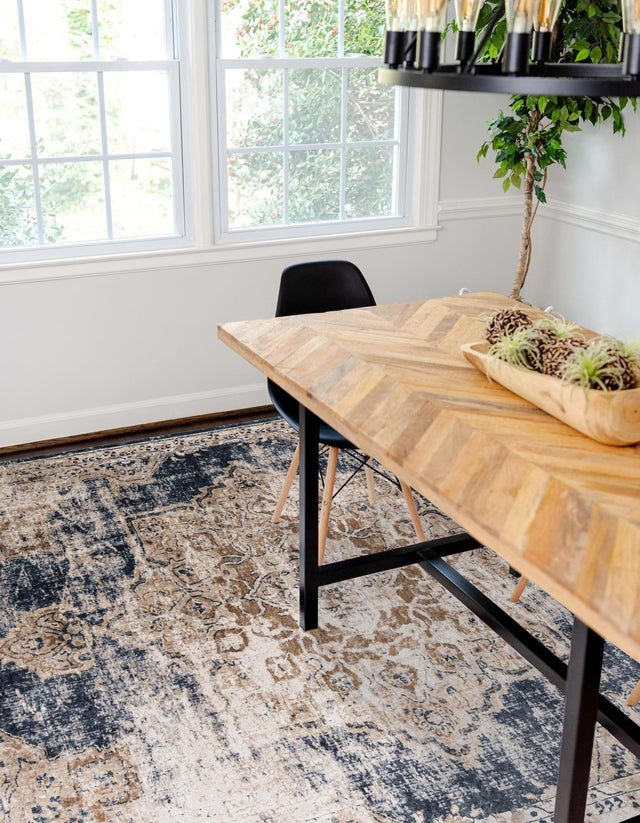 Dark Blue 7' 10 x 11' Chateau Rectangle Area Rug 85% Polypropylene & 15% Chenille With Cotton Backing Traditional Vintage Distressed Carpet for Classical Interior Design Decorating for Sale at Rug Engine