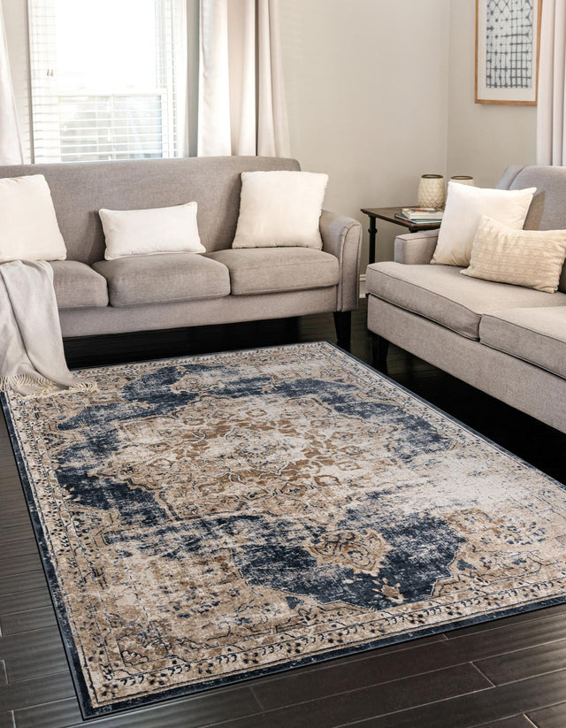 Dark Blue 7' 10 x 10' Chateau Rectangle Area Rug 85% Polypropylene & 15% Chenille With Cotton Backing Traditional Vintage Distressed Carpet for Classical Interior Design Decorating for Sale at Rug Engine