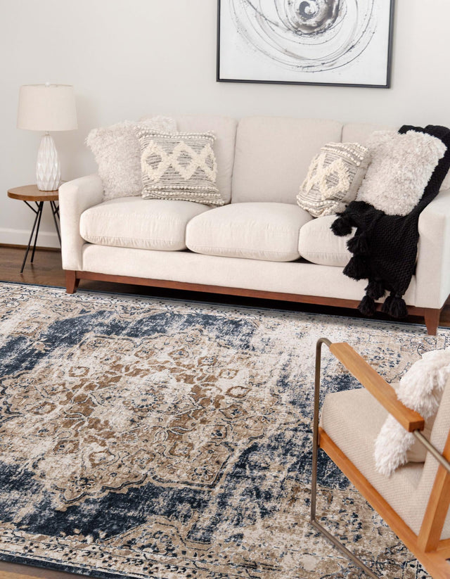 Dark Blue 7' 10 x 11' Chateau Rectangle Area Rug 85% Polypropylene & 15% Chenille With Cotton Backing Traditional Vintage Distressed Carpet for Classical Interior Design Decorating for Sale at Rug Engine