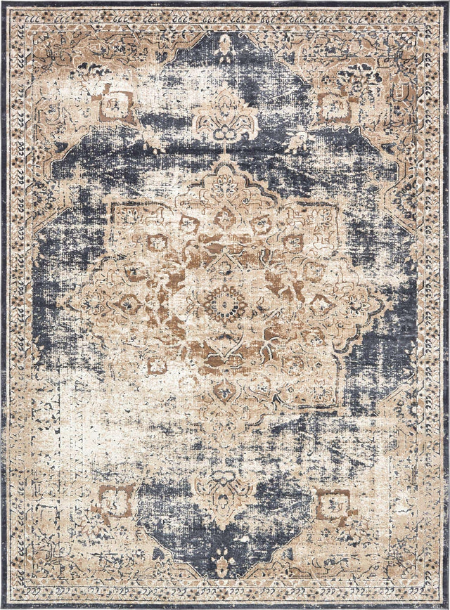 Dark Blue 9' x 12' Chateau Rectangle Area Rug 85% Polypropylene & 15% Chenille With Cotton Backing Traditional Vintage Distressed Carpet for Classical Interior Design Decorating for Sale at Rug Engine