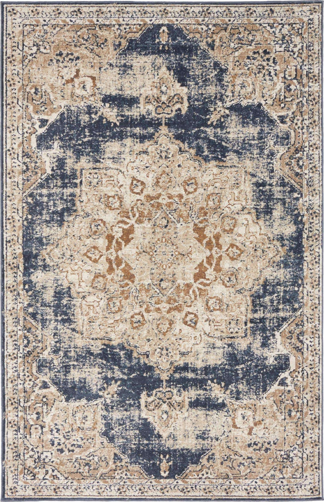 Dark Blue 4' 1 x 6' 1 Chateau Rectangle Area Rug 85% Polypropylene & 15% Chenille With Cotton Backing Traditional Vintage Distressed Carpet for Classical Interior Design Decorating for Sale at Rug Engine