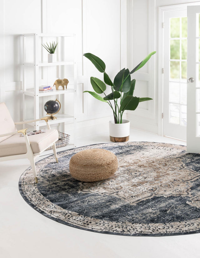 Dark Blue 7' 1 x 7' 1 Chateau Round Area Rug 85% Polypropylene & 15% Chenille With Cotton Backing Traditional Vintage Distressed Carpet for Classical Interior Design Decorating for Sale at Rug Engine