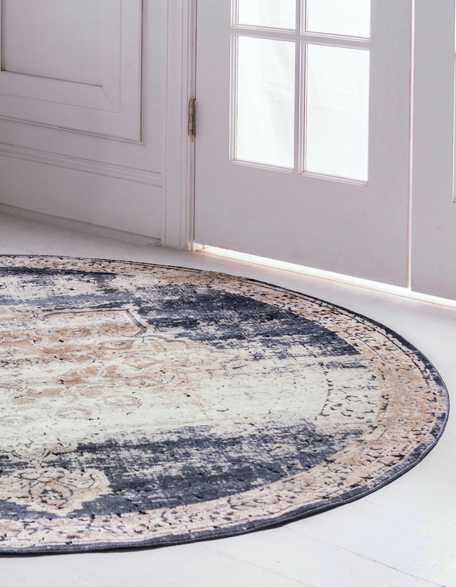 Dark Blue 7' 10 x 7' 10 Chateau Round Area Rug 85% Polypropylene & 15% Chenille With Cotton Backing Traditional Vintage Distressed Carpet for Classical Interior Design Decorating for Sale at Rug Engine