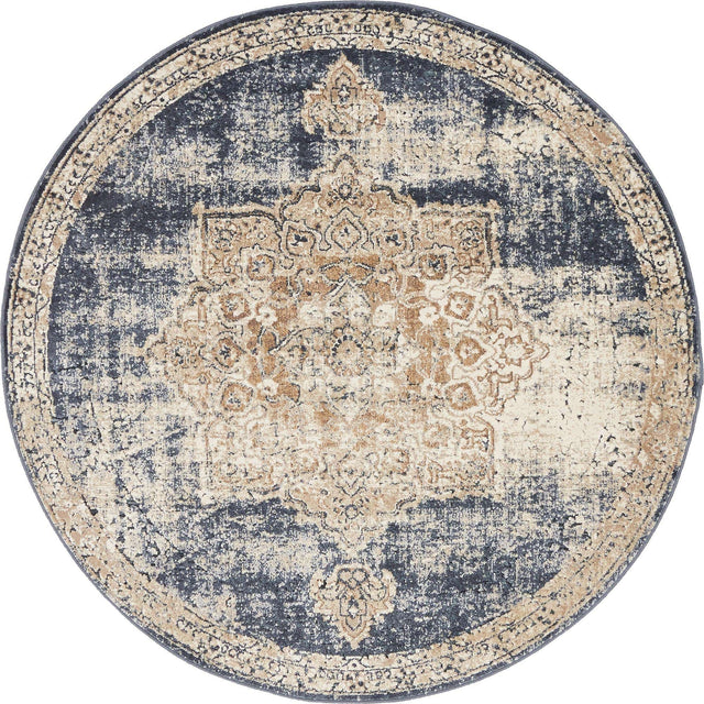 Dark Blue 4' 1 x 4' 1 Chateau Round Area Rug 85% Polypropylene & 15% Chenille With Cotton Backing Traditional Vintage Distressed Carpet for Classical Interior Design Decorating for Sale at Rug Engine