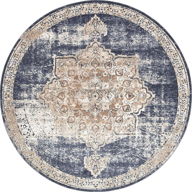 Dark Blue 7' 10 x 7' 10 Chateau Round Area Rug 85% Polypropylene & 15% Chenille With Cotton Backing Traditional Vintage Distressed Carpet for Classical Interior Design Decorating for Sale at Rug Engine
