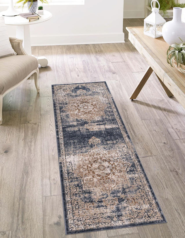 Dark Blue 2' x 6' 9 Chateau Runner Area Rug 85% Polypropylene & 15% Chenille With Cotton Backing Traditional Vintage Distressed Carpet for Classical Interior Design Decorating for Sale at Rug Engine