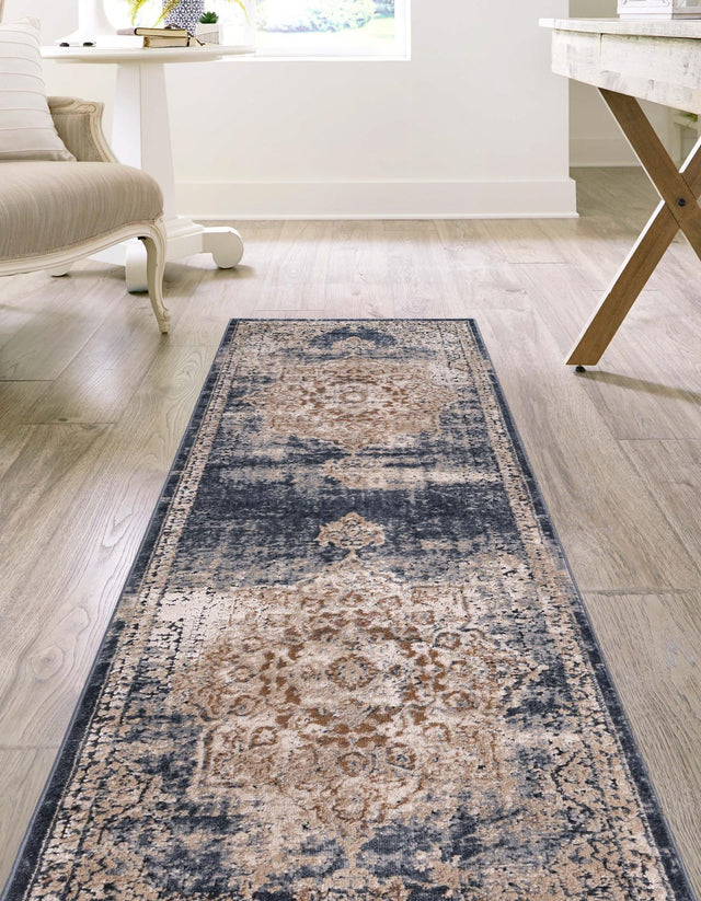 Dark Blue 2' 7 x 12' Chateau Runner Area Rug 85% Polypropylene & 15% Chenille With Cotton Backing Traditional Vintage Distressed Carpet for Classical Interior Design Decorating for Sale at Rug Engine