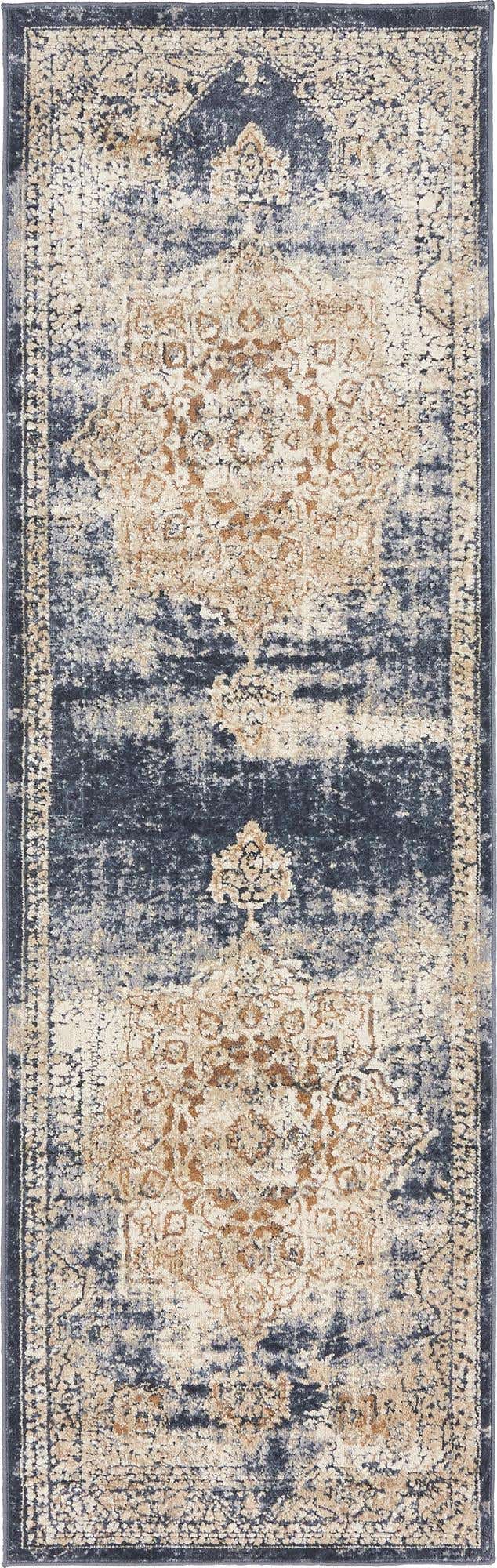 Dark Blue 2' x 6' 9 Chateau Runner Area Rug 85% Polypropylene & 15% Chenille With Cotton Backing Traditional Vintage Distressed Carpet for Classical Interior Design Decorating for Sale at Rug Engine