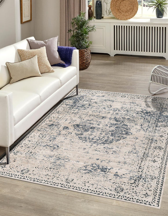 Dark Blue 7' 10 x 11' Chateau Rectangle Area Rug 85% Polypropylene & 15% Chenille With Cotton Backing Traditional Vintage Distressed Carpet for Classical Interior Design Decorating for Sale at Rug Engine